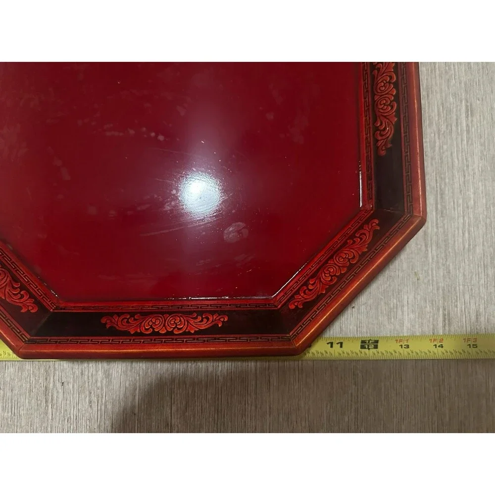Vintage Korea Red Lacquer Ware Wood Tray Octagonal